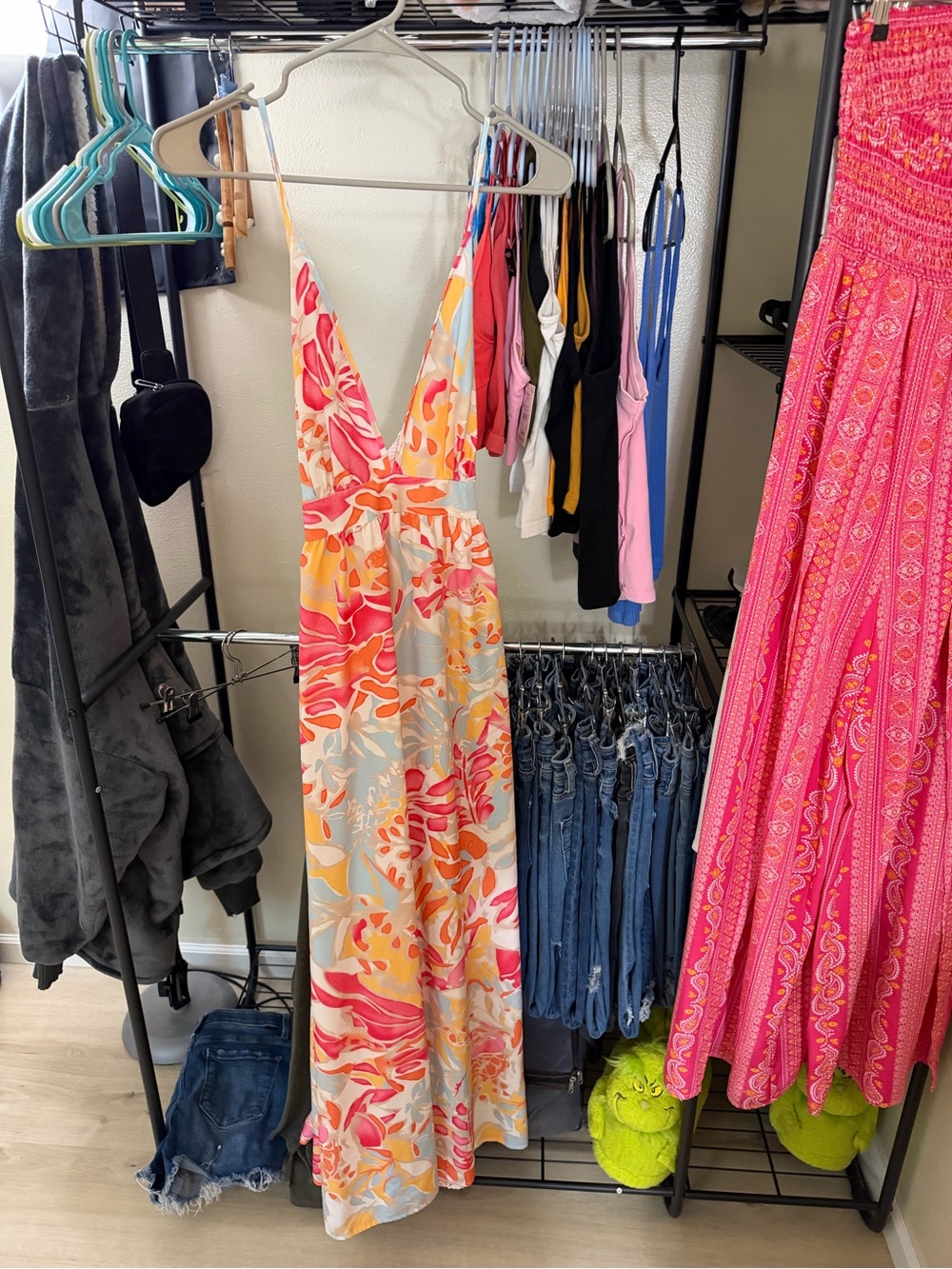 SHEIN Pink Orange Yellow Floral Deep V Maxi Dress